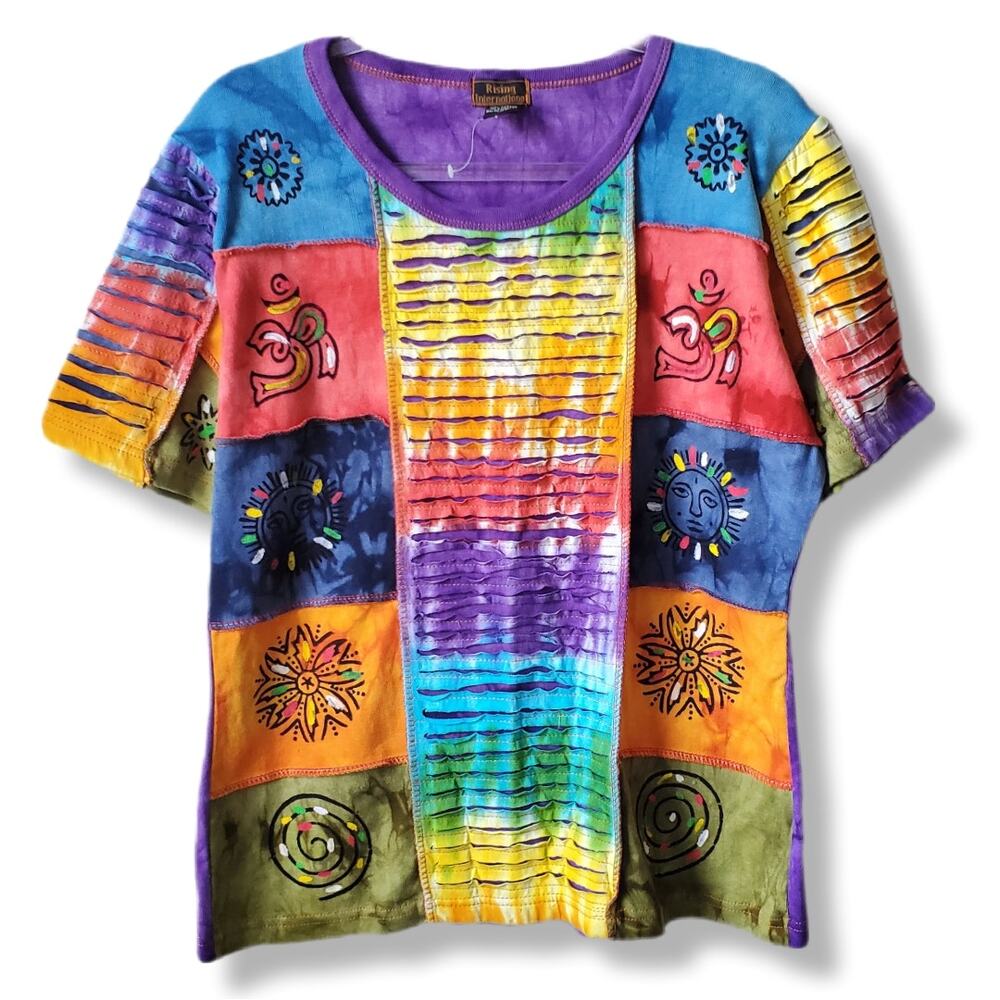 Women Rising International Nepal multicolor T Shirt Top XL Artsy Boho Hippie NEW